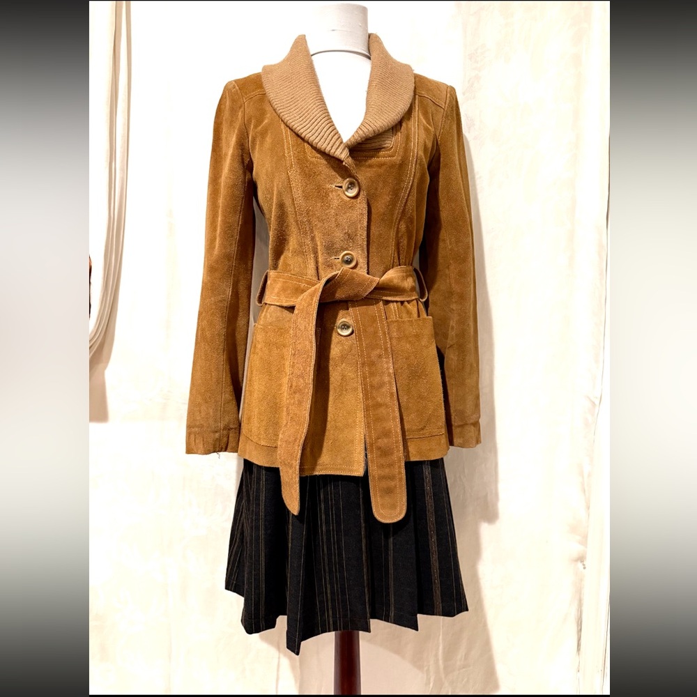 Bagatelle Tan Suede Trench Coat with Ribbed Collar